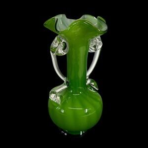 Green Art Glass Vase Swirl Handled Clear 6 in Mouth-Blown Decor Mini Small